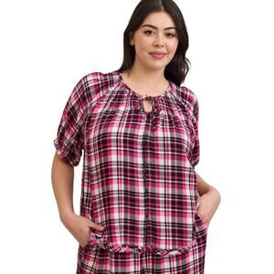 Torrid Sleep Gauze Henley Short Sleeve Plaid Pink Sleep Shirt Size 2X NWT